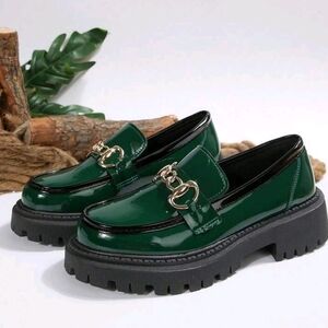 Women’s Green Patent Loafers with Gold Hardware
